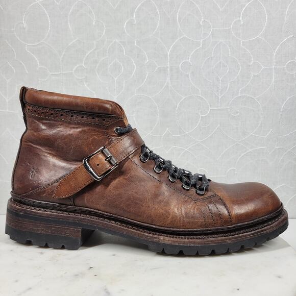 Frye George Norwegian Hiker Boots Mens 13 Brown Buckle Leather - Picture 1 of 16